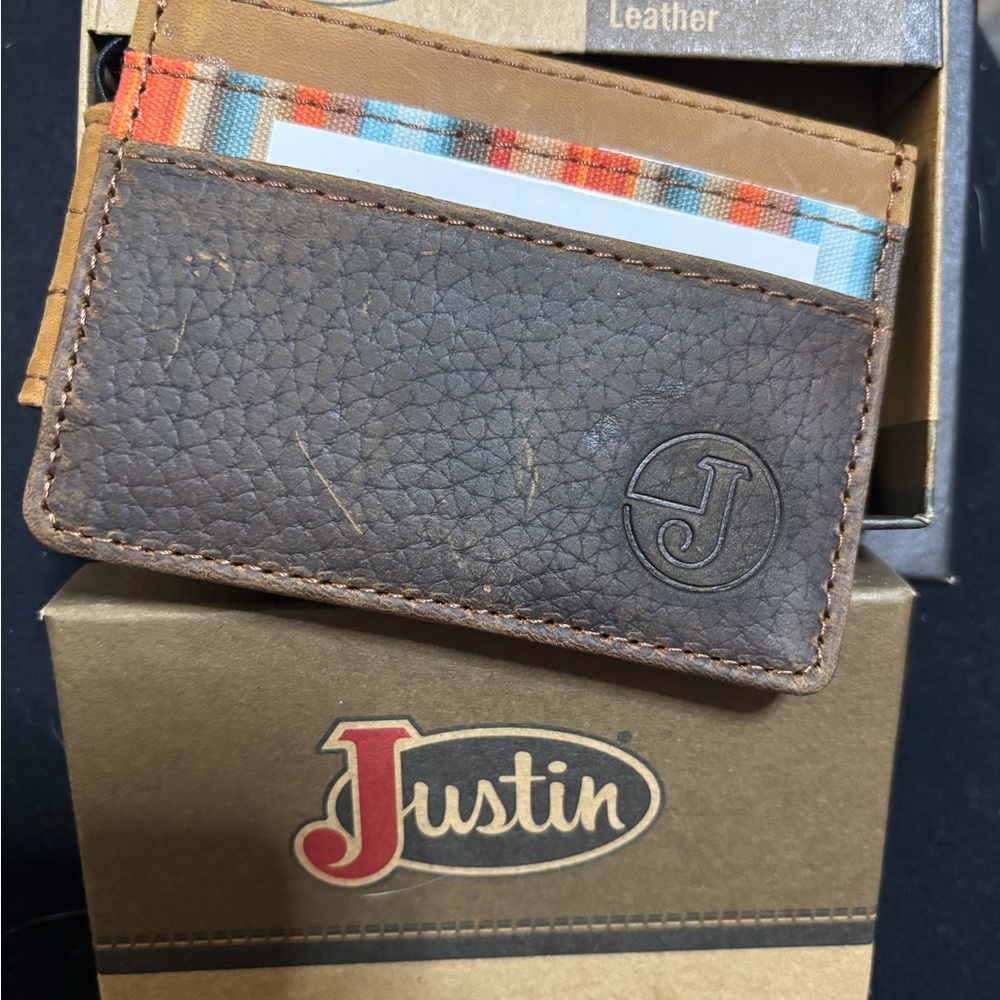 Justin Boots Brown Leather Slim Card Wallet with Colorful Fabric Trim